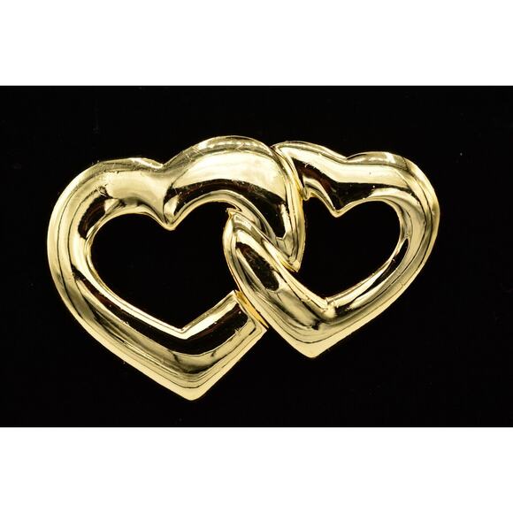 Vintage Hearts Pin Brooch Linked Chunky Heavy Gold Tone Metallic 80s BinAC - Picture 1 of 12